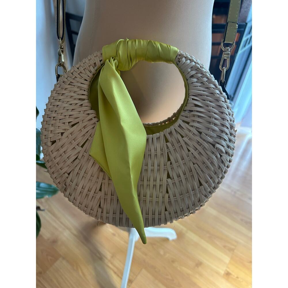 SCOOP Wicker Crescent Crossbody Straw Purse Handbag Basket Yellow Scarf Accent - Picture 3 of 5